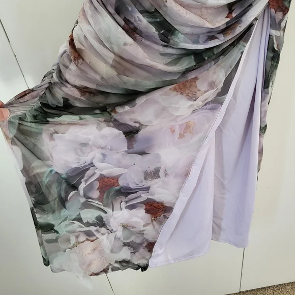 Abercrombie Mesh Asymmetrical Off-The-Shoulder Draped Maxi Dress Floral Medium - Picture 5 of 9